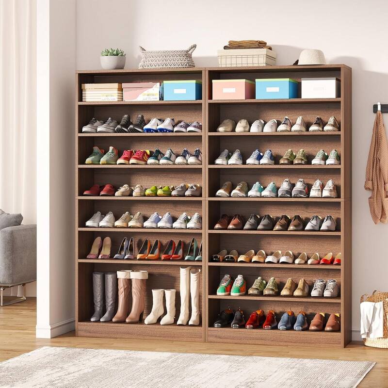 Brown Wood 8-Shlef Shoe Storage Cabinet with Adjustable Shelves - 11.81"D x 31.50"W x 70.86"H