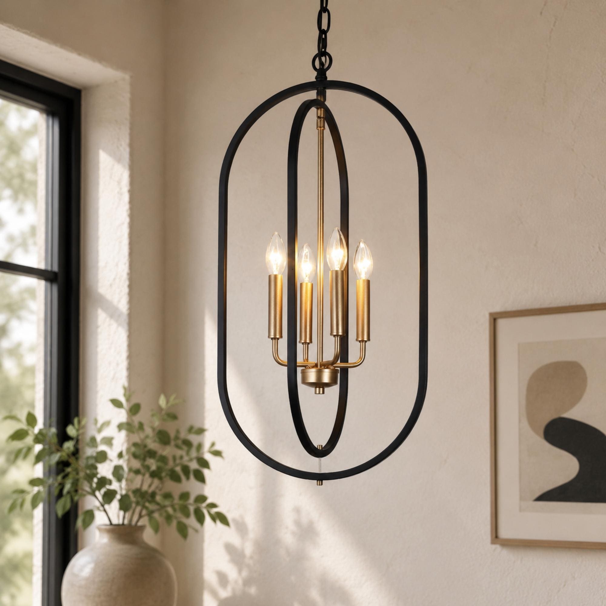 Modern Farmhouse 4-Light Black Gold Chandelier Metal Pendant Light for Dining Room - 14.5" L x 11" W x 29.5" H