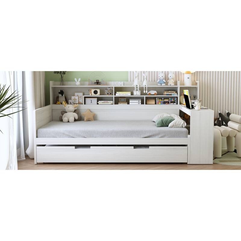 Space-Saving Twin/Full Size Daybed with Trundle and Study Desk, Wooden Platform Bed with Storage Shelves