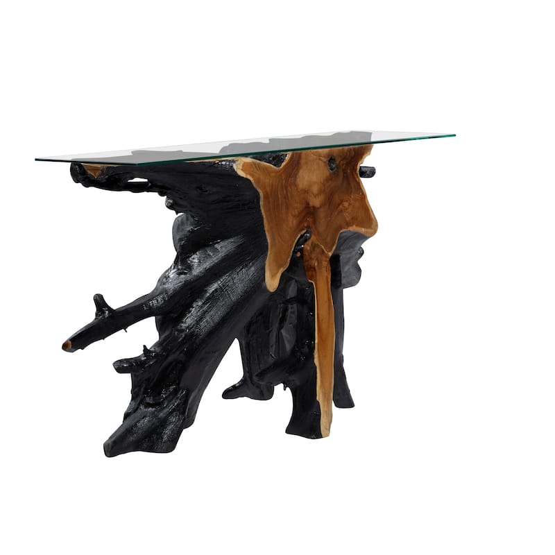 Teak Wood Handmade Live Edge Tree Stump Console Table with Clear Glass Top - Black - Roche River Decor - 16"W x 49"L x 32"H