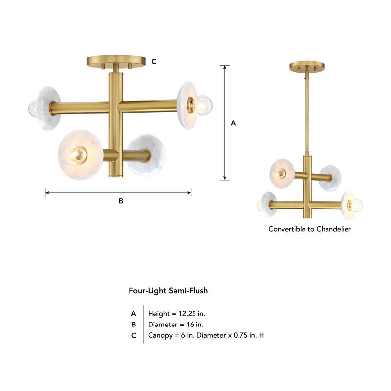 Fina 16 in. 4-Light Brushed Gold Modern Semi Flush Mount with Natural Marble Accents for Bedrooms - 12.25