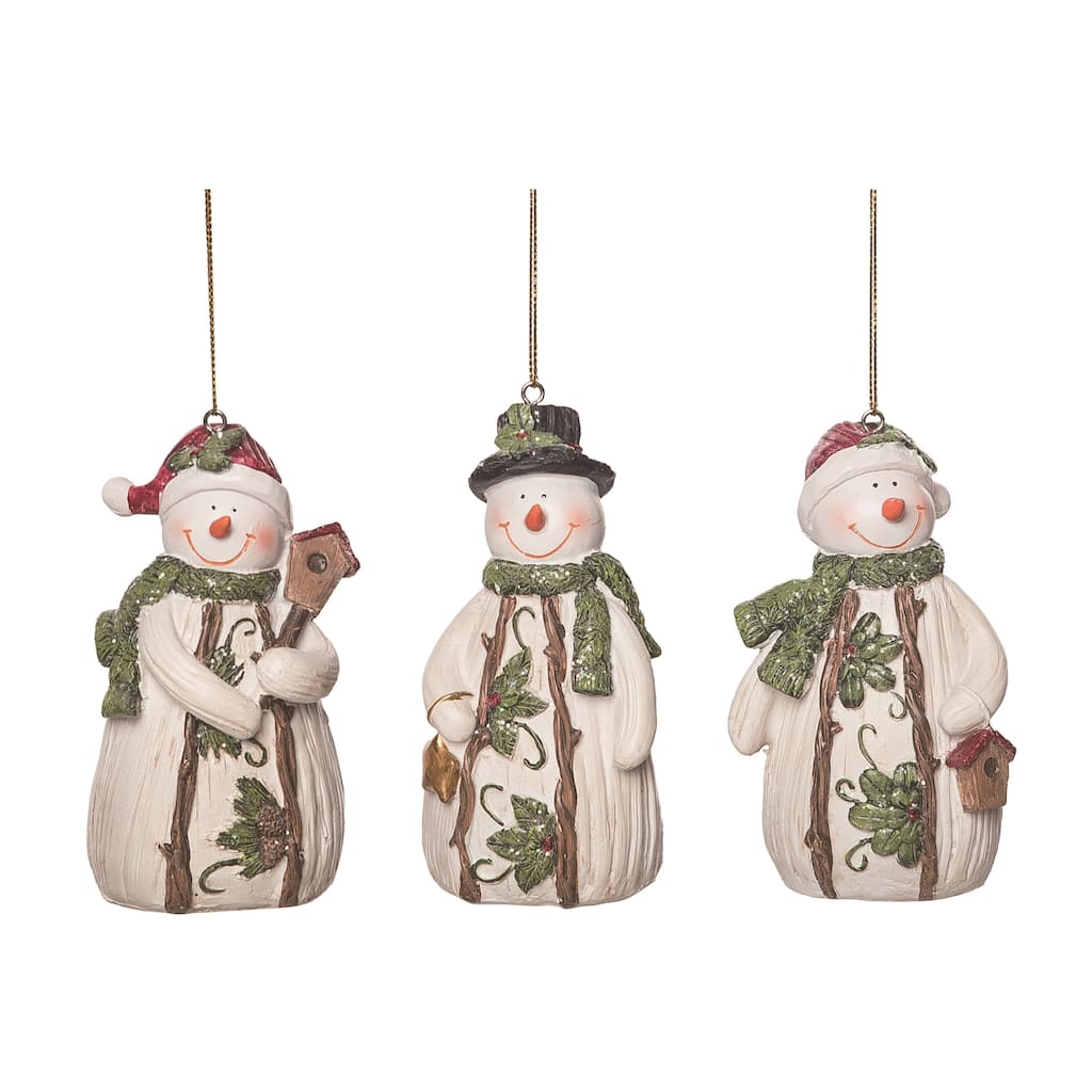 Transpac Resin Wood Carved Snowman Ornament Set of 3 Christmas Home Decorations