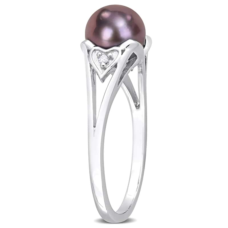 Miadora 7-7.5mm Black Cultured Freshwater Pearl Diamond Accent Heart Ring Sterling Silver