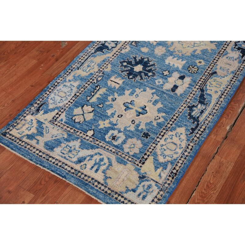Hand Knotted Oriental 100% Wool Carpet Transitional All-Over Navy Blue & Blues Oushak Runner Rug - 9' 8'' X 2' 7''