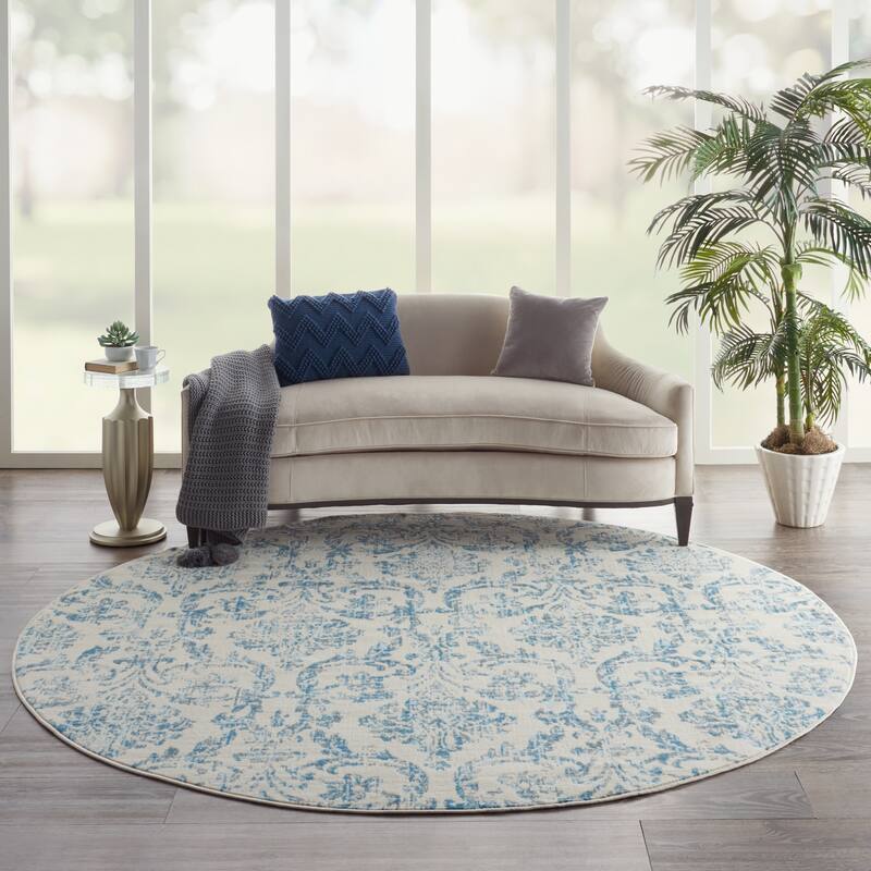 Nourison Jubilant Vintage Farmhouse Damask Area Rug - 8' Round - Ivory/Blue