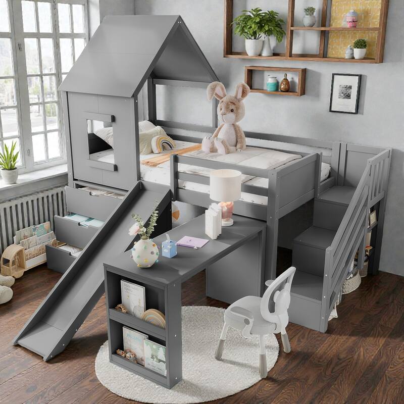 Twin House Loft Bed with Slide and Stairs, Storage Cabinets and Removable Desk, Kids Space Saving Loft Bed