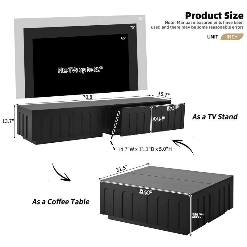 Stylish Arched TV Stand for 80-Inch Screens‌ – Modern Convertible Coffee Table with 4 Storage Drawers & Multi-Functional Design