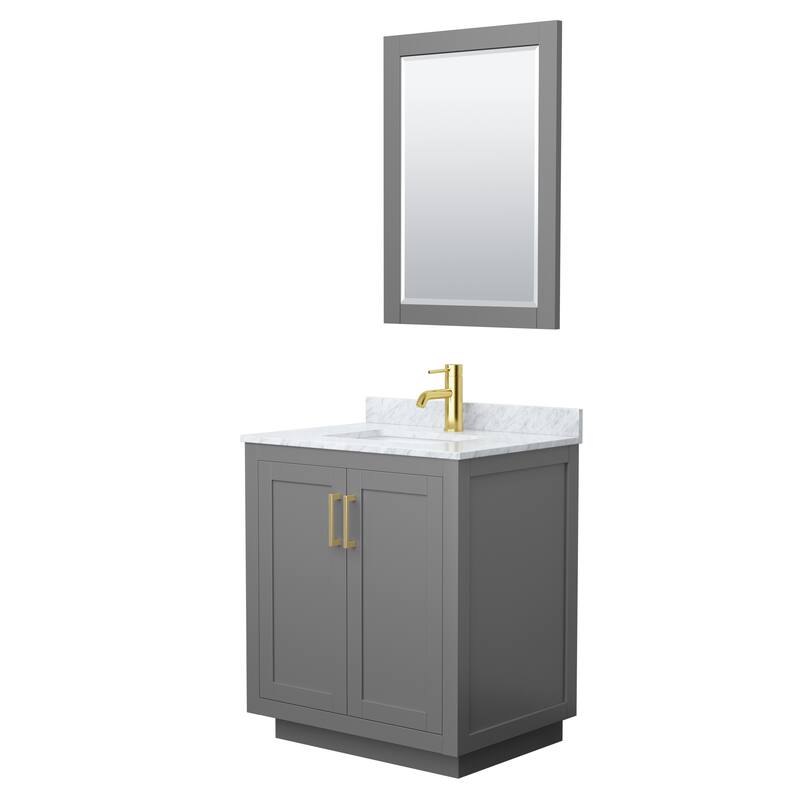 Miranda Single Vanity Set, White Carrara Marble Top, 24-Inch Mirror - Dark Gray, Gold Trim, White Carrara Marble Top