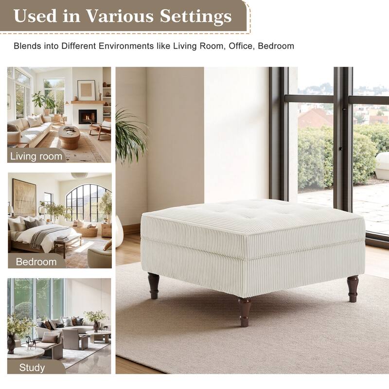 Modular Corduroy Tufted Storage Ottoman with Reversible Tabletop