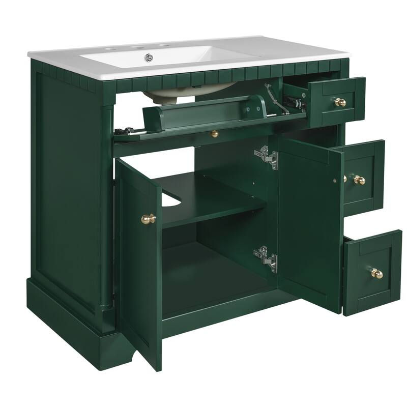 Roomfitters 36 Inch Bathroom Vanity with Sink, Modern Storage Cabinet with Adjustable Shelf and Drawers, Green