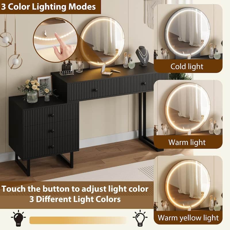 Vanity Desk with Mirror and Lights,Makeup Vanity with 5 Drawers, Modern Makeup Vanity Organizer with 3 Color Lights
