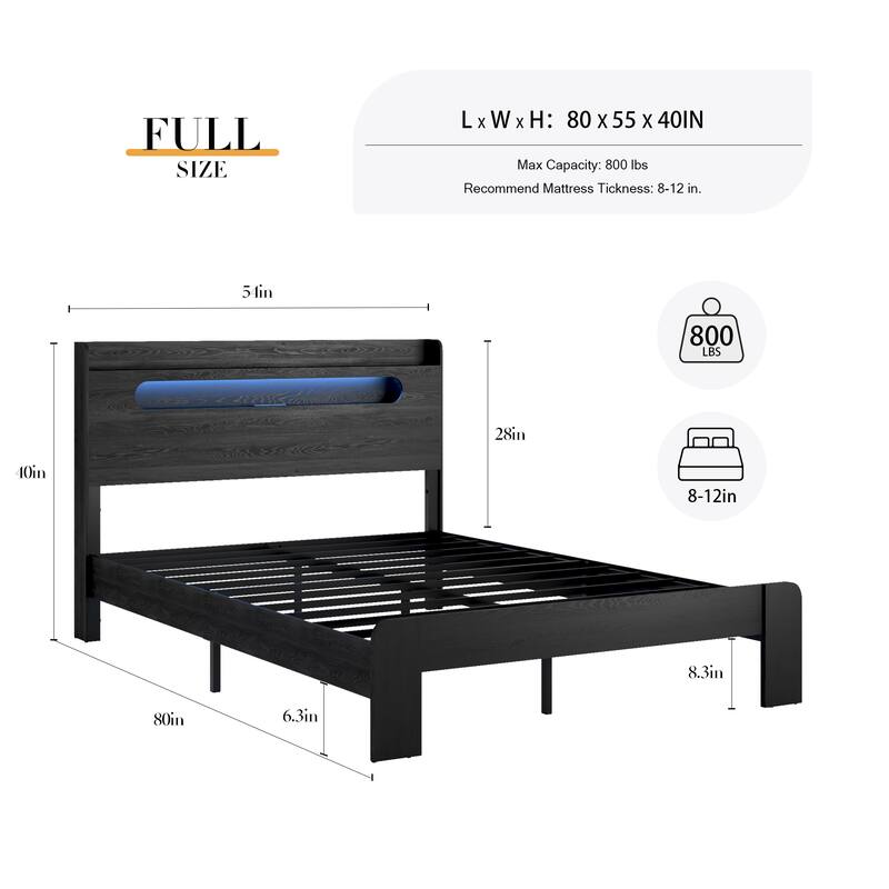 Wood Bed, Low Profile Platform Bed Frame with Storage Headboard Built-in LED Light and Charging Station