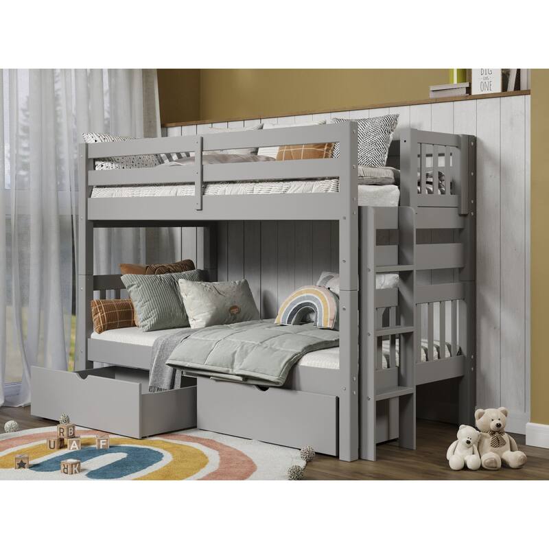 Taylor & Olive Trillium Twin over Twin Bunk Bed with Ladder, 2 Drawers - Grey