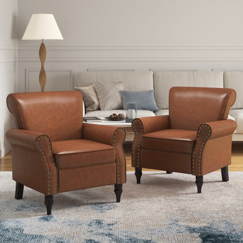 Set of 2 Modern Upholstered Armchair Nailhead Trim Accent Chair - Faux Leather - Brown