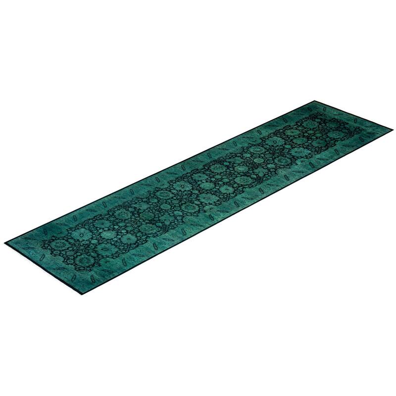 Overton Hand Knotted Wool Vintage Inspired Modern Contemporary Overdyed Green Runner Rug - 3' 0" x 12' 6"