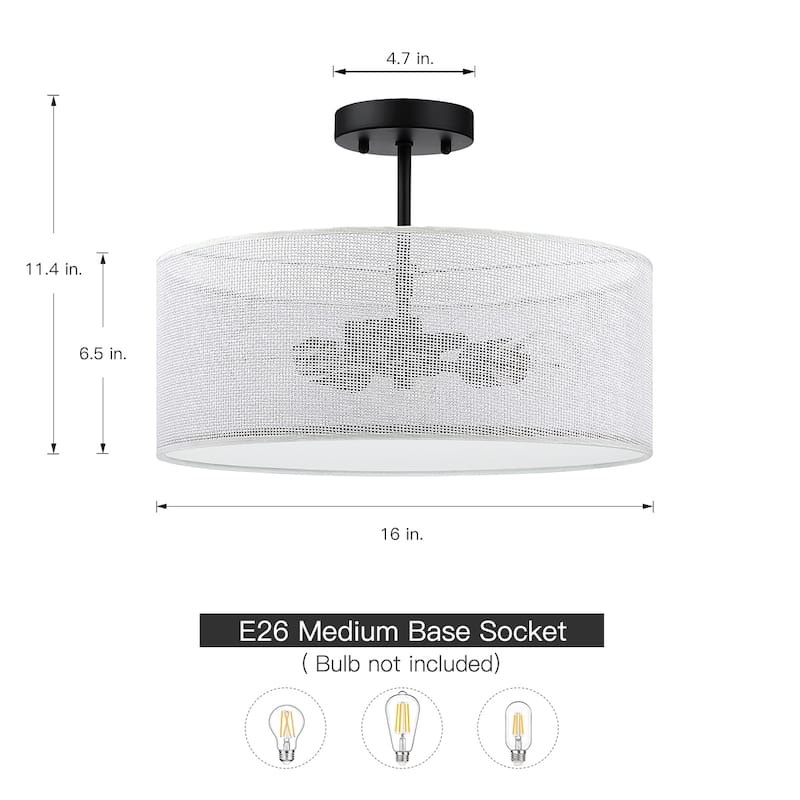 Bayou 3-Light Drum Semi-Flush Mount With Black Canopy - 16''W