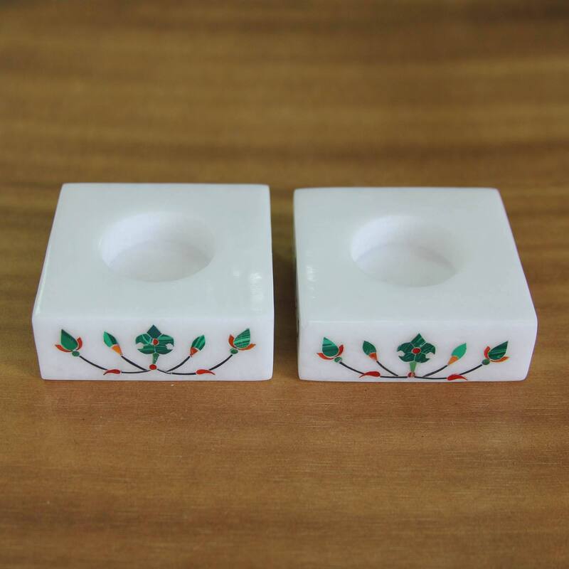 Handmade Blooming Buds in Green (Pair) Marble tealight holders (India) - 18 x 18 x 13