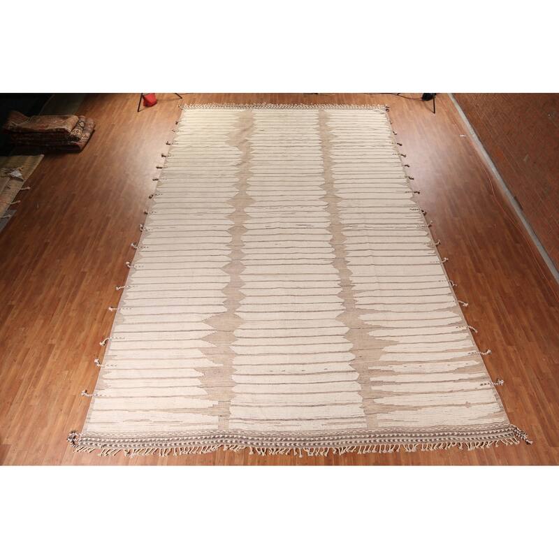 All-Over Striped Moroccan Large Area Rug Hand-Knotted Wool Carpet - 12'8"x 20'3"