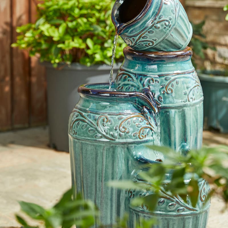 Glitzhome 27"H/35"H 3-Tier or 4-Tier Embossed Pattern LED Ceramic Pots Fountain
