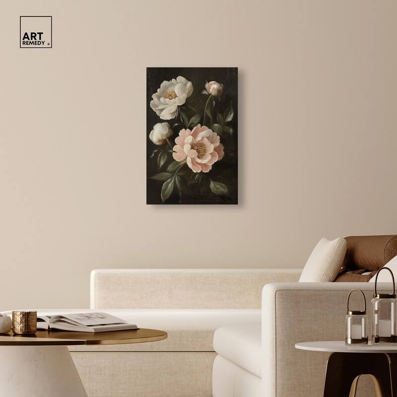 White Peonies in Dark II Canvas by Art Remedy, Gallery Wrapped