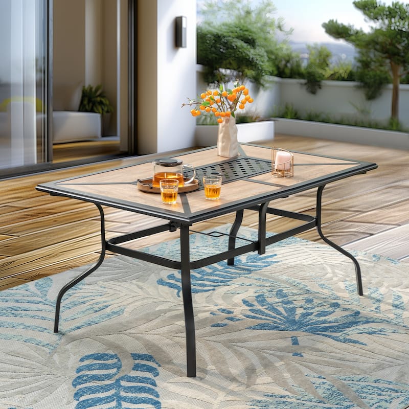 MAISON ARTS Patio Dining Table with Umbrella Hole and Wood-Look Table Top - Black