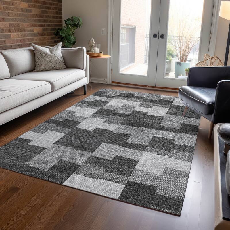 Machine Washable Indoor/ Outdoor Chantille Modern Blocks Rug - Gray - 9' x 12'