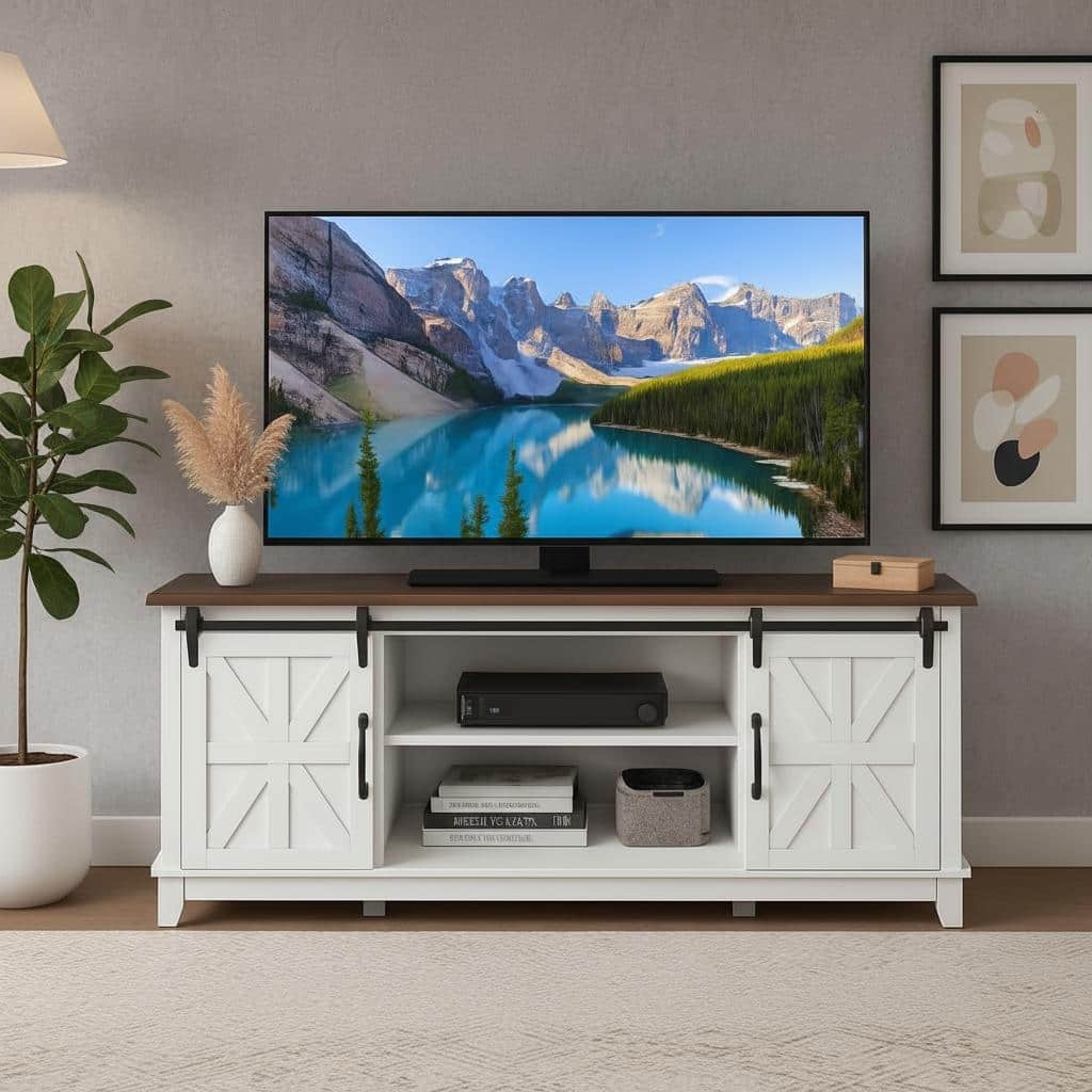 TV Stand with Two Barn Doors and Storage Cabinets