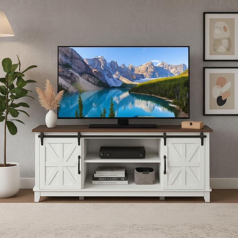 TV Stand with Two Barn Doors and Storage Cabinets - Brown+White