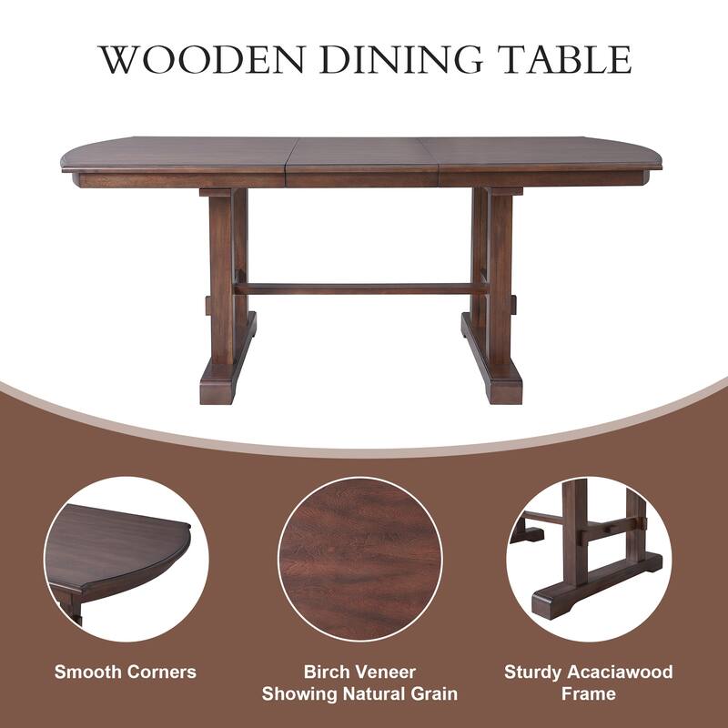Roomfitters 60 to 78" Extendable Dining Table, Farmhouse Wooden Kitchen Table with Removable Leaf, Table for 4 to 8