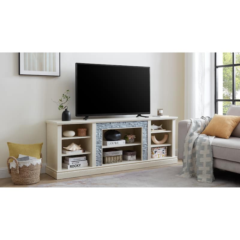 Large Storage TV Stand for TVs up to 75'' with Faux Stacked Stone, Adjustable Shelves and Cable Management