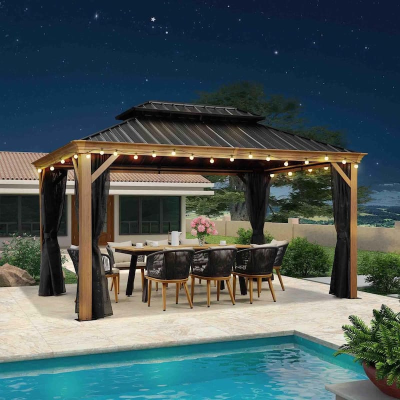 PURPLE LEAF Hardtop Gazebo Galvanized Steel Roof Gazebo Pergola w Wooden Coated Alumninum Frame and Mosquito Net - 10ft x 14ft - With lights