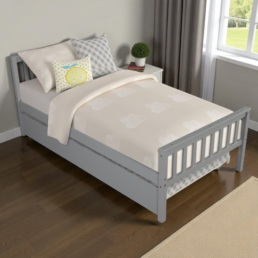 Twin Size Wooden Platform Bed with Trundle, Headboard and Footboard, Space-Saving Design for Guest or Small Bedroom