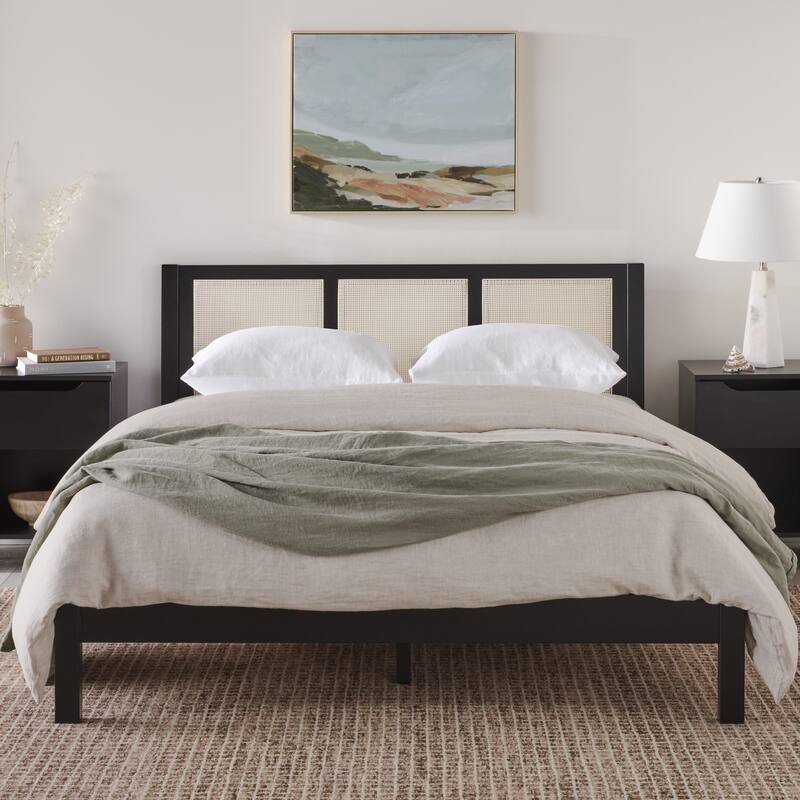 Middlebrook Designs Boho Solid Wood Rattan Headboard Queen Bedframe - Black