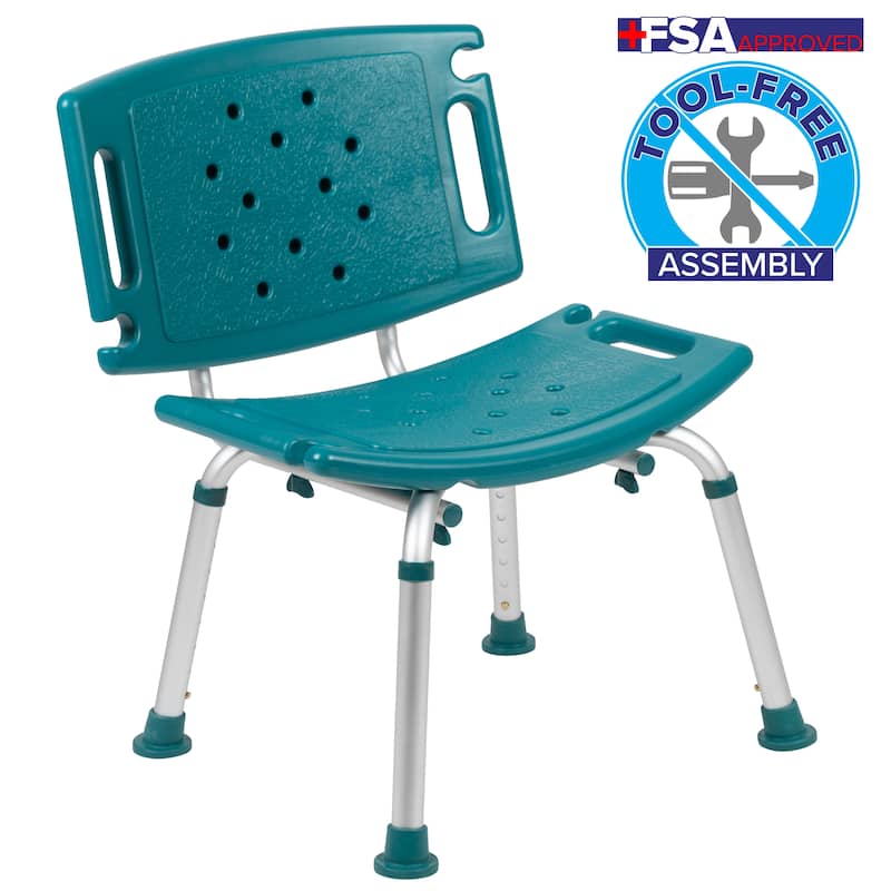 Tool-Free 300 Lb. Capacity, Adjustable Teal Bath & Shower Chair with Large Back