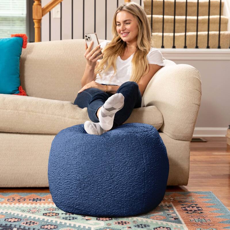 Jaxx Ellis Pouf - Modern Shearling Faux-Lamb Plush Fleece Ottoman - Small - Indigo