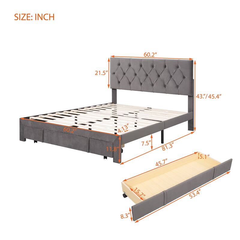 Storage Bed Velvet Upholstered Platform Bed with a Big Drawer