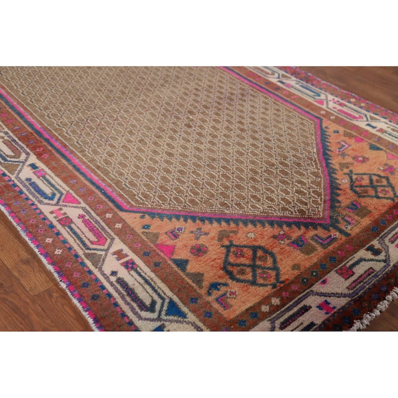 Brown Koliaei Vintage Persian Runner Rug Hand-Knotted Wool Carpet - 3'9" x 11'5"