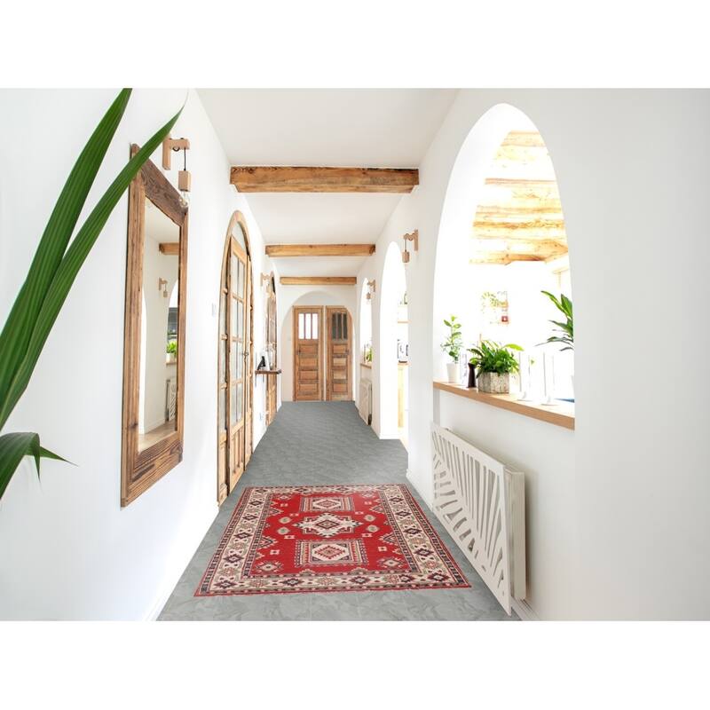 Red Geometric Kazak Oriental Foyer Rug Handmade Accent Wool Carpet - 3'3" x 5'9"