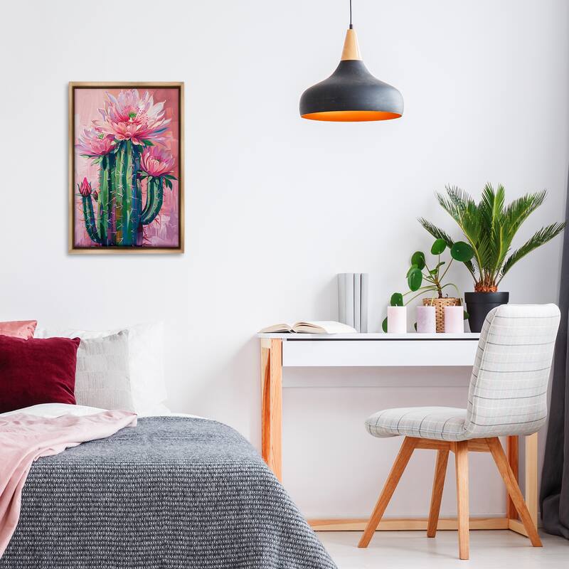 Stupell Pink Blossomed Cactus Framed Floater Canvas Wall Art Design By LSR Design Studio