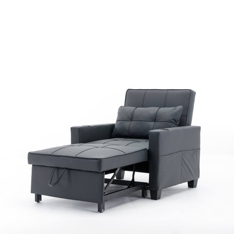 3-in-1 Convertible Sofa Chair,Pull Out Sleeper Chair with USB Ports and Cup Holders（Leather）