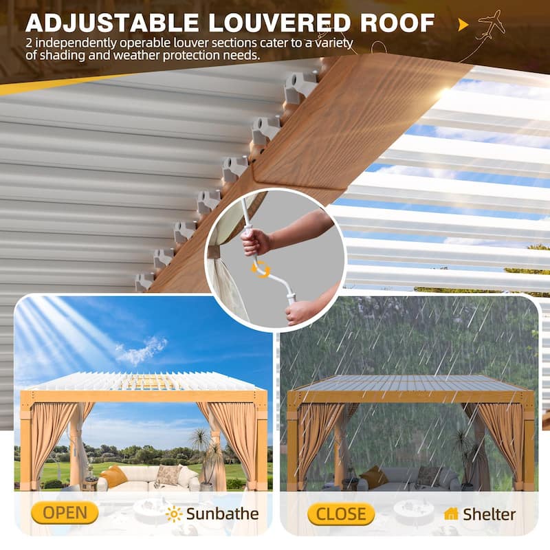 EROMMY Outdoor Louvered Pergola Gazebo with Adjustable Aluminum Rainproof Roof and Pull-Down Screen