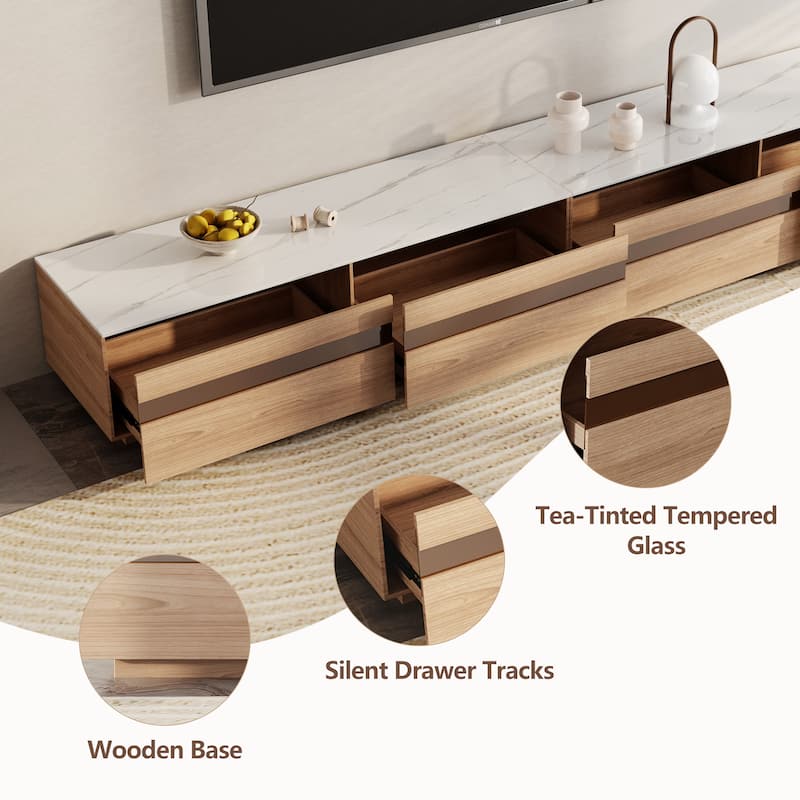 Modern Light Wood TV Stands, Glossy Stone Table-top, 3-6Drawers, Fully Assembled
