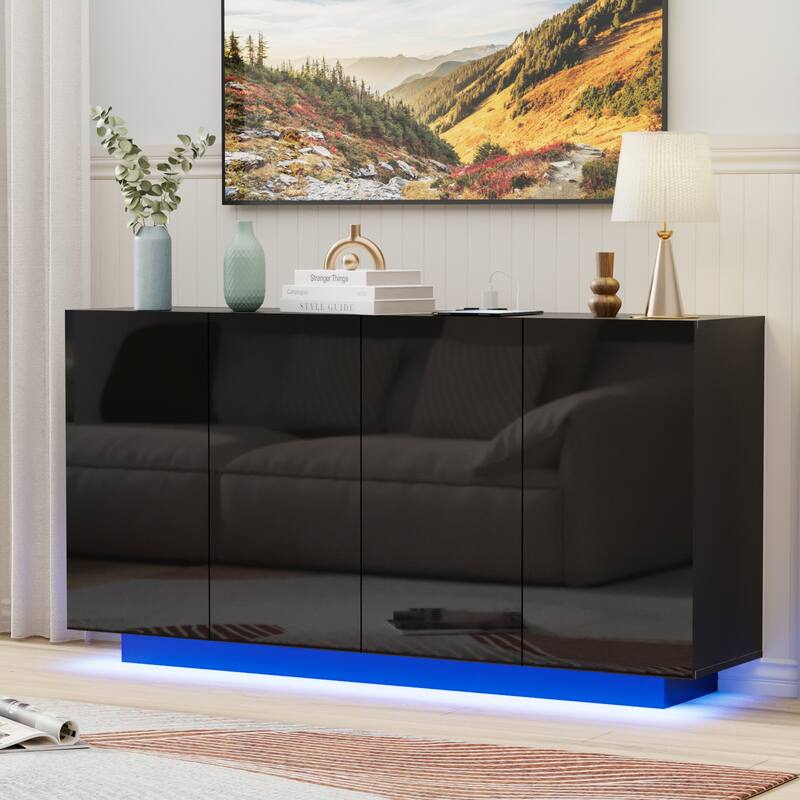 4-Door LED Lighted Buffet Cabinet with RGB Lights Sideboard Storage