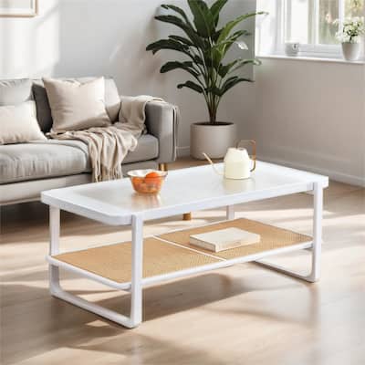 Minimalist White Double Layered Solid Wood Coffee Table Glass Tabletop