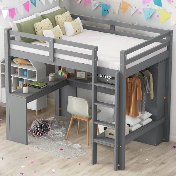 slide 2 of 21, Wood Frame Twin Size Loft Bed with L-shaped Desk,Wardrobe and Storage Shelves Grey