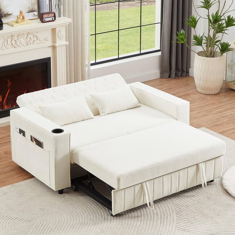 Chenille Pull-out Sofa Bed Convertible Couch, Loveseat Sofa with Adjustable Backrest, Storage Rack, Cup Holders, USB Ports