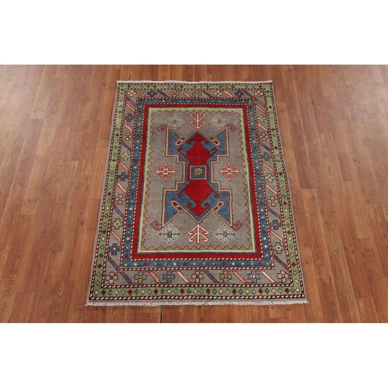 Kazak Foyer Rug Handmade Traditional Grey Wool Carpet - 3'4" x 4'9"