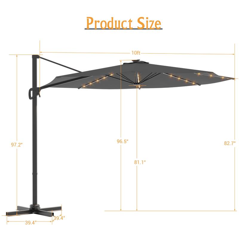 LIVOOSUN 10FT LED Round Cantilever Umbrella For Your Outdoor Space, Solution-Dyed Fabric, 360° Rotation System