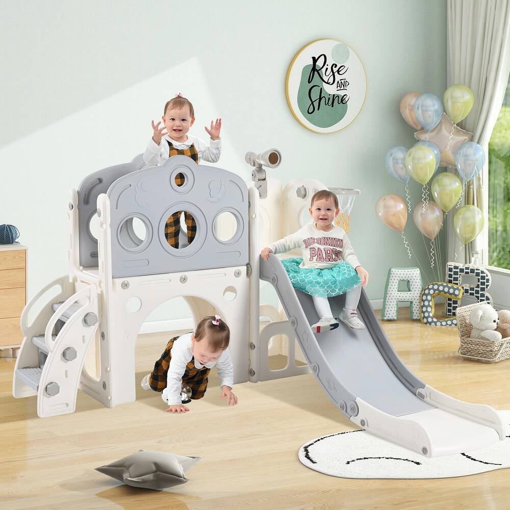 7-in-1 Toddler Slide Set - Spaceship Playset with Slide, Arch Tunnel, Basketball Hoop, and Toy Storage