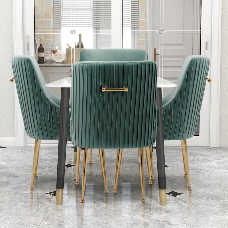 SEYNAR Modern Glam Boucle Pleated Velvet Dining Chair or Vanity Chair Set of 4 with Rear Handle - Green
